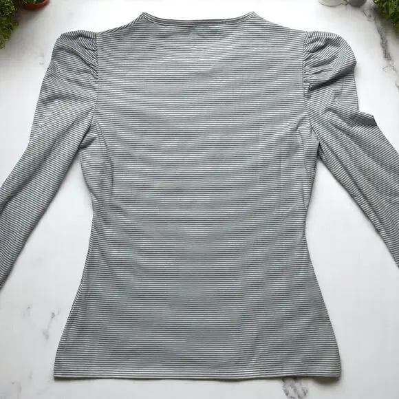 (60% OFF) NWT Rebecca Taylor Lont-Sleeve Ruched Striped Tee Shirt M MSRP $125 - Picture 6 of 8